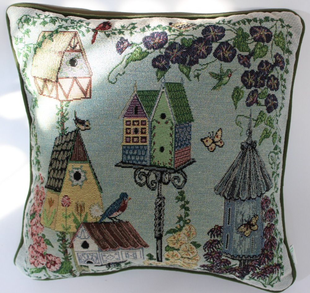 Vintage Riverdale Pillows Birds Garden Folk Art Tapestry 16x16 Square Decorative
